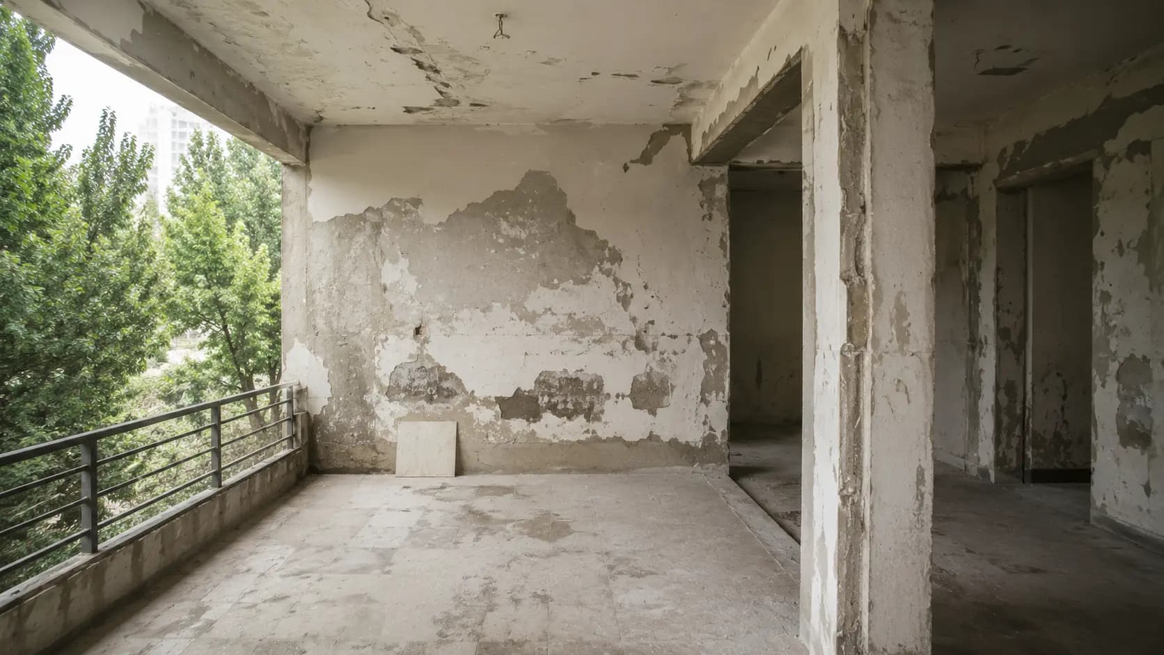 Concrete and plaster deterioration with visible cracking