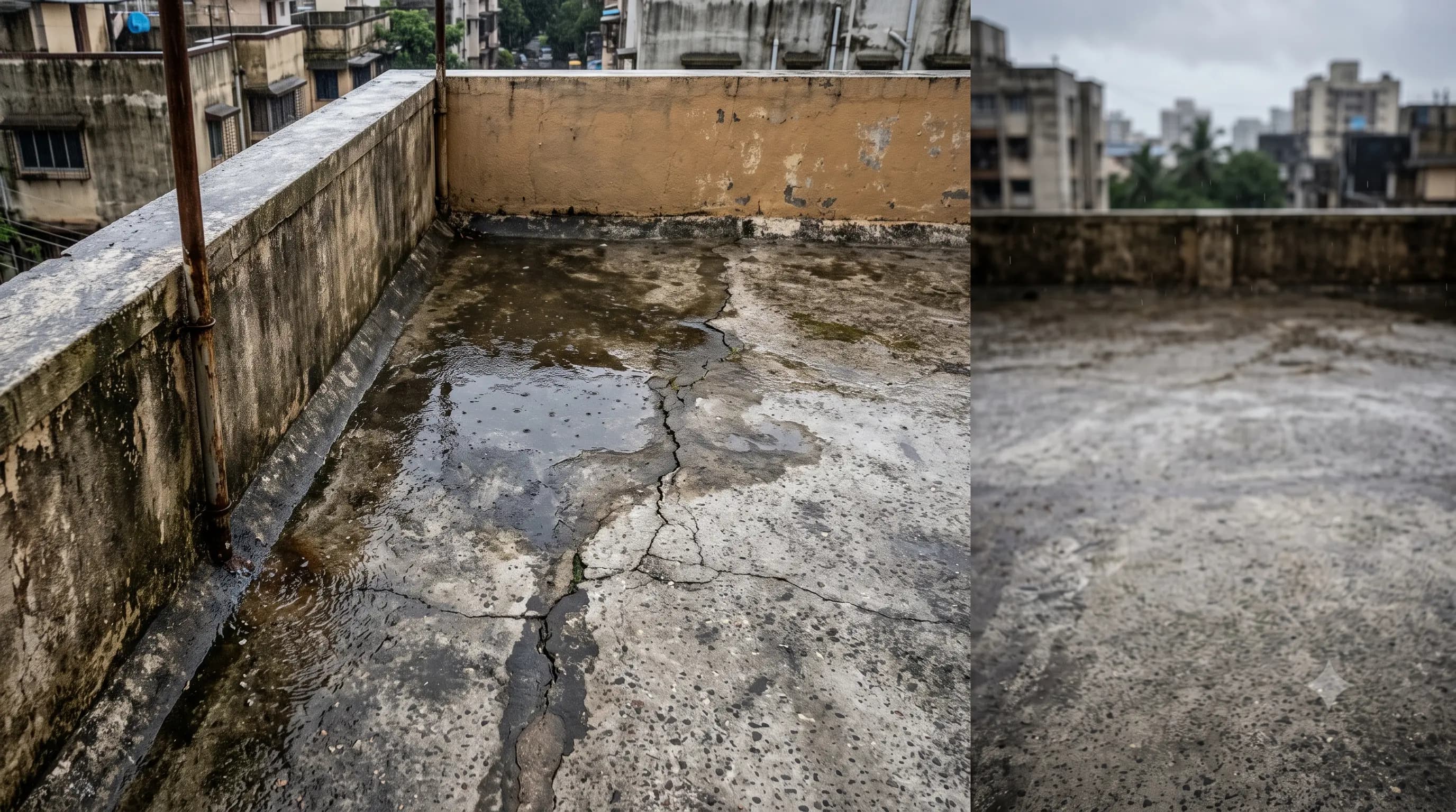Terrace surface with visible pooling water and cracking